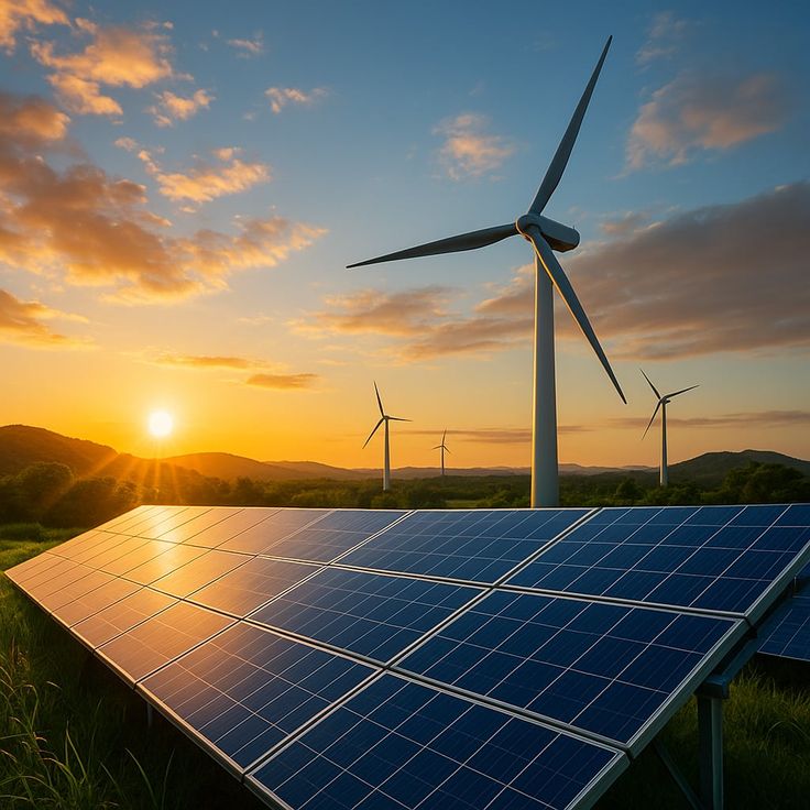 Solar panels and wind turbines at sunset representing renewable energy assets