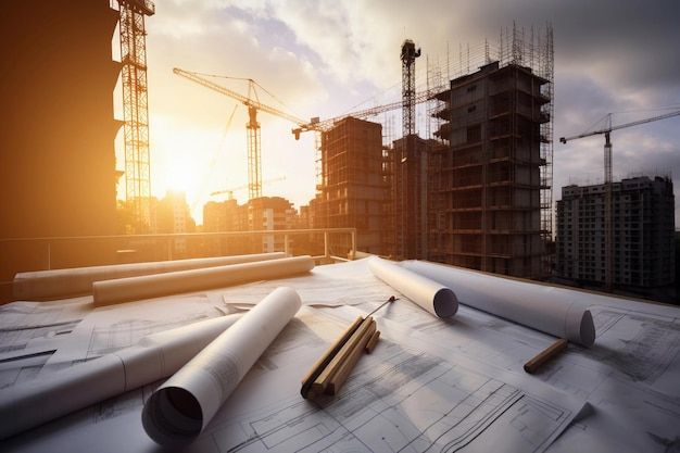Construction site with architectural plans, rolled drawings and tower cranes at sunset