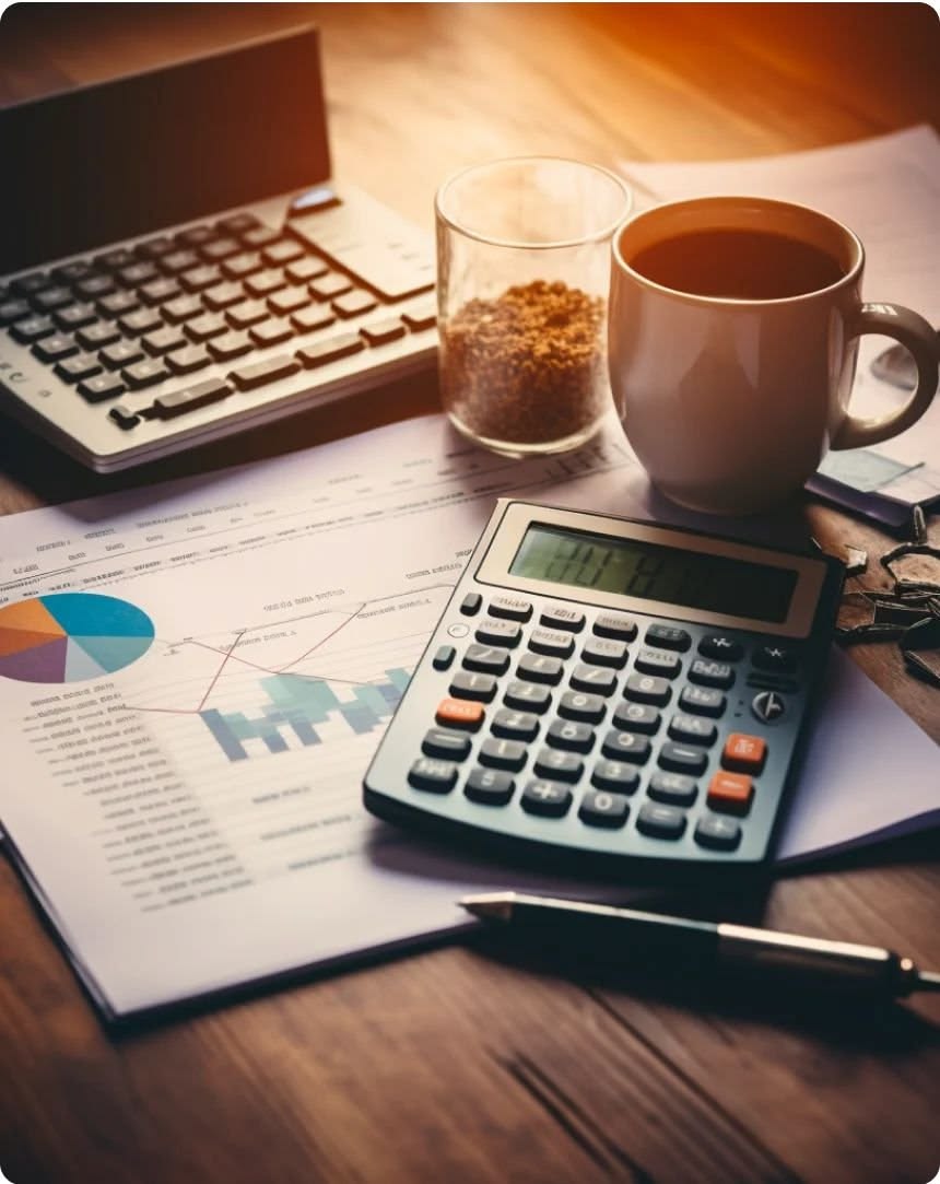 Financial reports, calculator and laptop on an accountant's desk