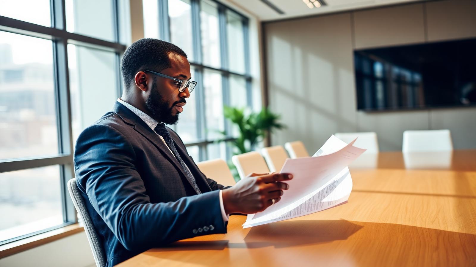 Chartered accountant reviewing financial statements in a boardroom