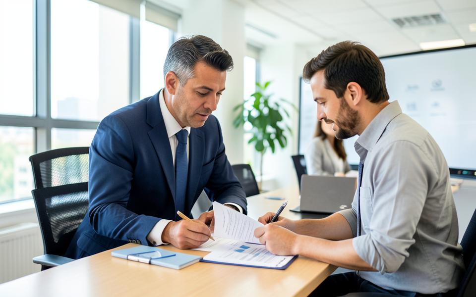 Entrepreneur reviewing responsible credit documents with an adviser