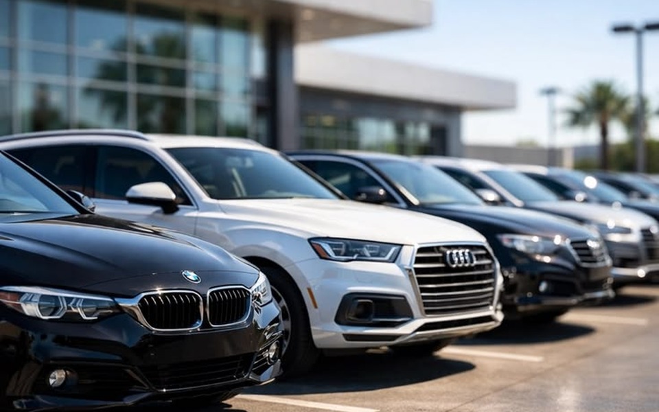Modern vehicle dealership with sales professionals and customers